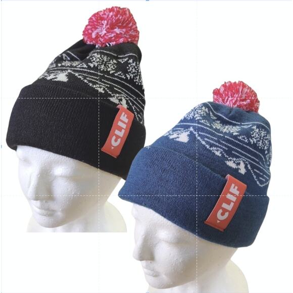 Clif Pom Knit Cuffed Blue Black Winter Ski Snow Beanie Hat 2 pc Bundle Set - Picture 1 of 4